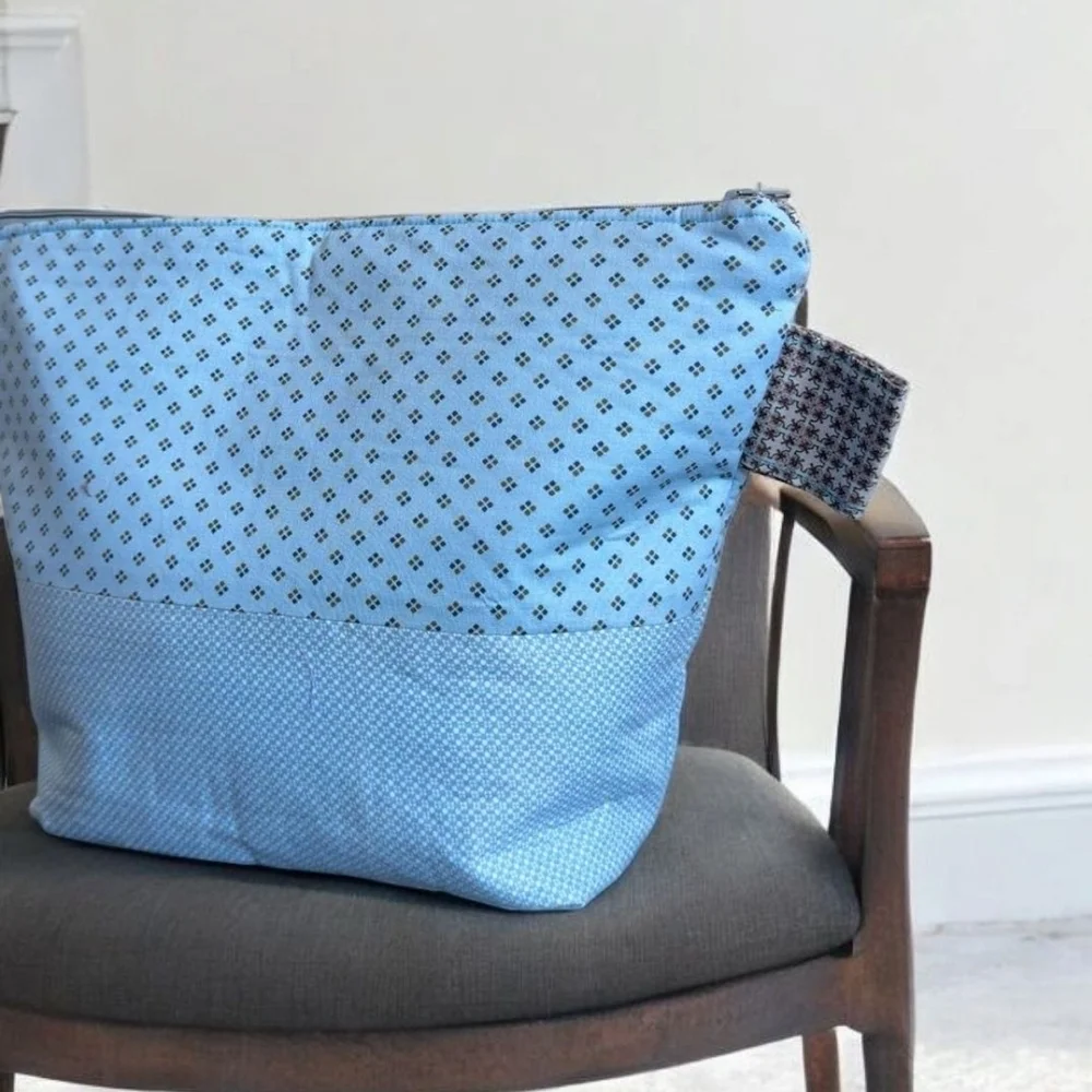 Blue Quilted Cosmetic Bag with Polka Dot Design